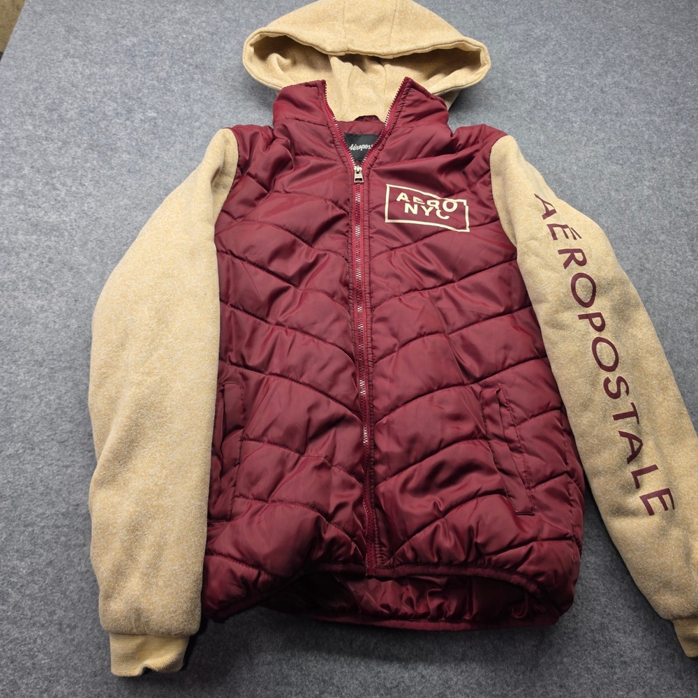 Aeropostale Mens Puffer Jacket Burgundy Tan Mixed Media Hooded Size M RN155511
